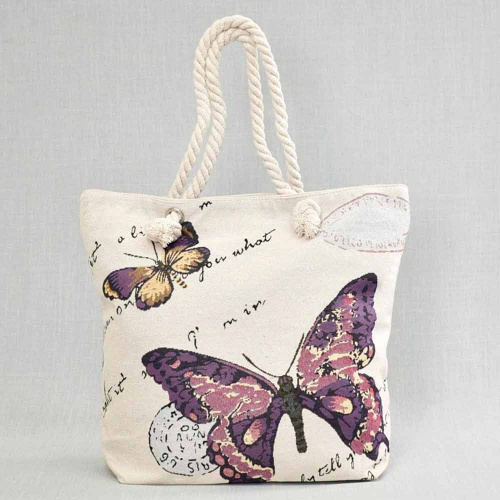 Плажна дамска чанта от плат Пеперуди, вертикална