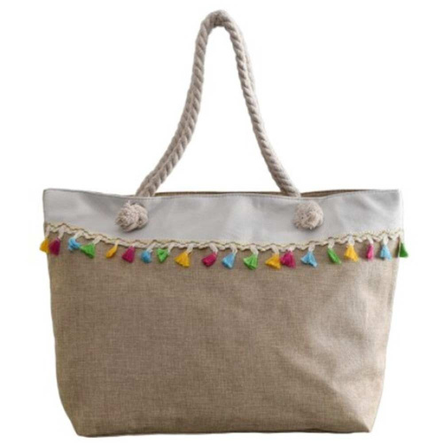 Плажна чанта голяма с цип текстилна декорирана с шарени пискюлчета бежова