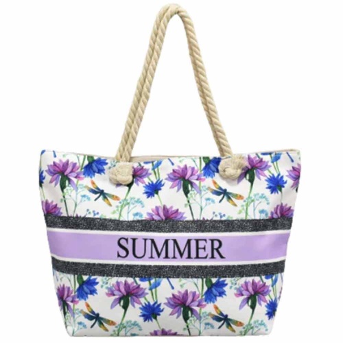 Плажна чанта Цветя, с дръжки от въже за носене под мишница