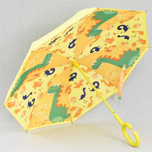Обърнат детски чадър за дъжд Динозаври, двупластов, противовятърен, жълт