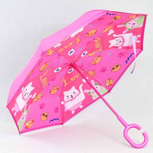 Обърнат детски чадър за дъжд Коте и зайче, двупластов, противовятърен, розов