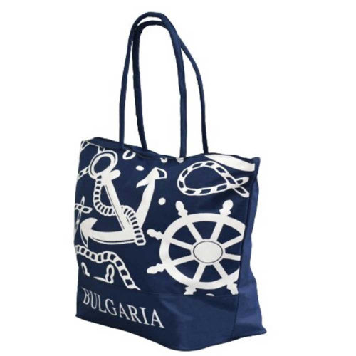 Голяма плажна чанта България, евтина, от непромокаем плат, затваряне с цип, тъмно синя