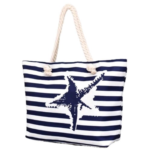Плажна чанта Морска звезда с дръжки от въже за носене под мишница бяло сини райета