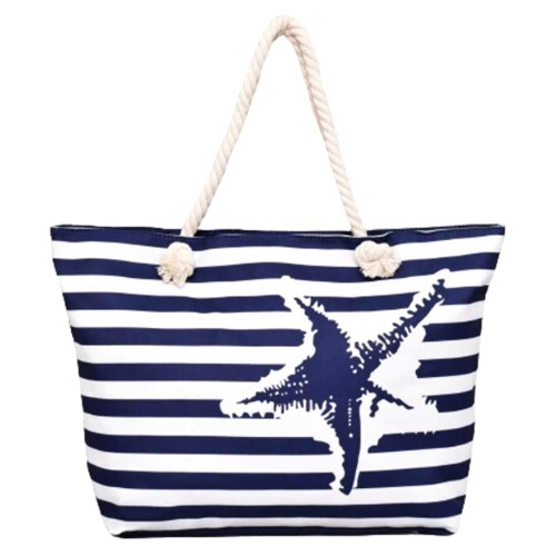 Плажна чанта Морска звезда с дръжки от въже за носене под мишница бяло сини райета