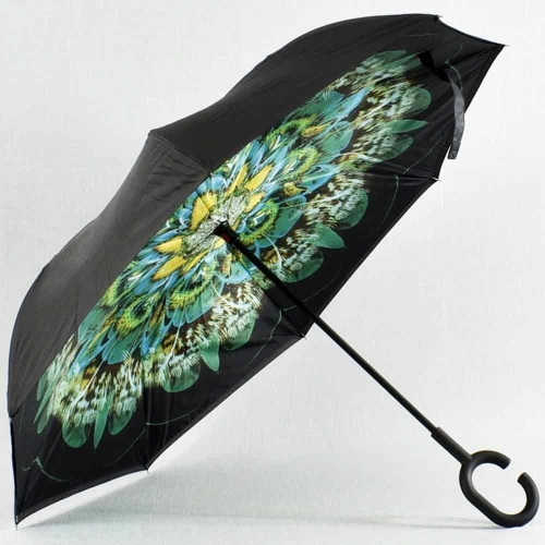 Обърнат дамски чадър за дъжд Зелено цвете, двупластов, противовятърен, черен