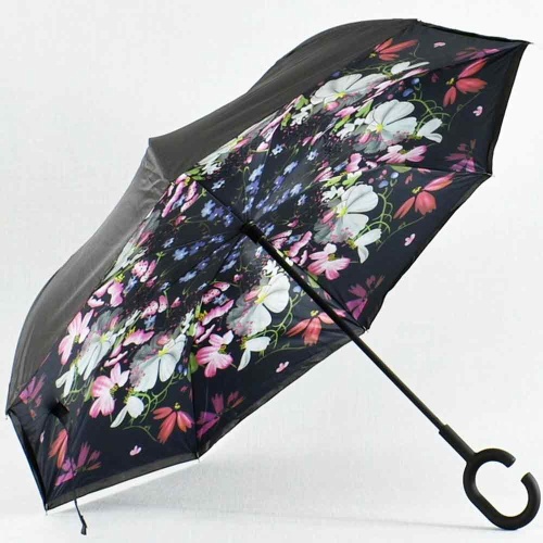 Обърнат дамски чадър за дъжд Красиви цветя, двупластов, противовятърен, черен