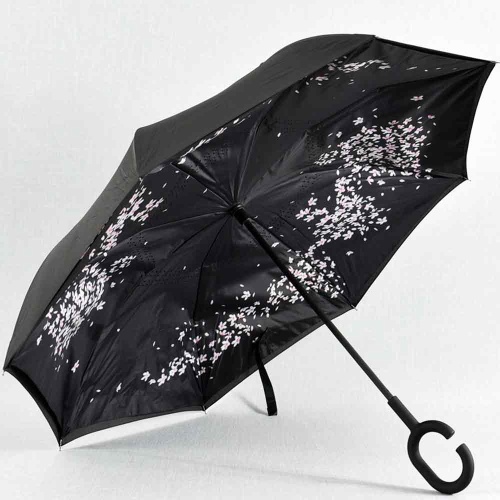 Обърнат дамски чадър за дъжд Бели цветя, двупластов, противовятърен, черен