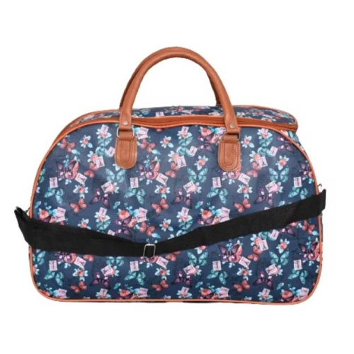 Пътна чанта Цветя и пеперуди синя от еко кожа нов модел 53/33/22 см  