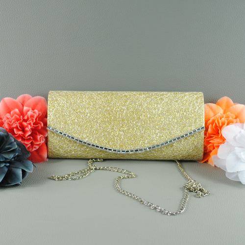 Официална дамска чанта клъч бална със заоблен капак златна