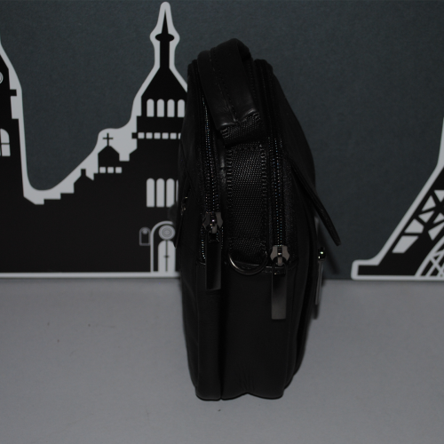 Мъжка чанта от естествена кожа с гайка за колан къса и дълга дръжка черна