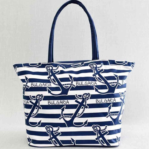 Голяма плажна чанта Котви, евтина, от непромокаем плат, затваряне с цип, тъмно синьо-бели райета