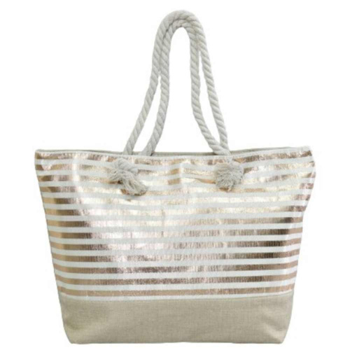 Плажна чанта от лен, с дръжки от въже за носене под мишница, сребърни райета