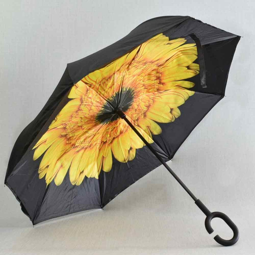 Обърнат дамски чадър за дъжд Жълто цвете, двупластов, противовятърен, черен 