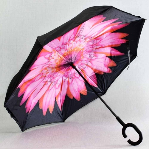 Обърнат дамски чадър за дъжд, двупластов, противовятърен, черен с цвете