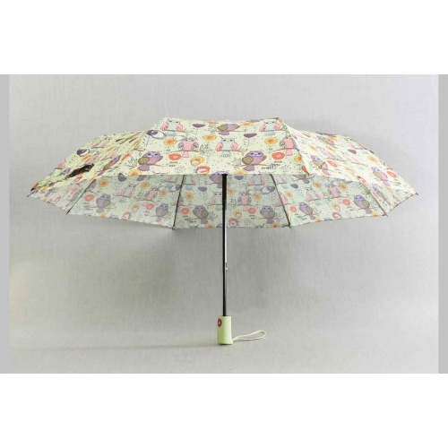 Дамски чадър за дъжд с бухалчета, автоматичен, резедав