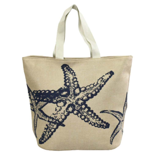 Голяма плажна чанта Морски звезди от лен, евтина, затваряне с цип