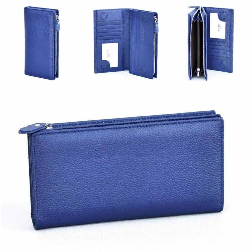 Дамско портмоне от естествена кожа с цип и допълнително отделение за карти, стилен дизайн, синьо