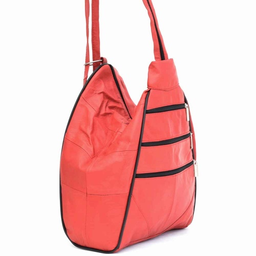 Дамска раница-чанта от естествена кожа 2 в 1, с външни джобчета, червена