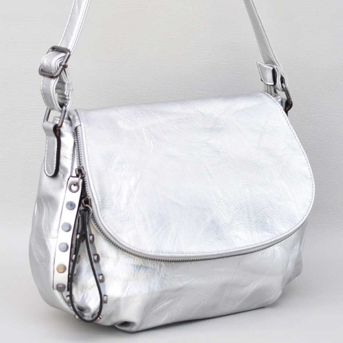 Дамска чанта за през рамо, тип преметка, от висококачествена еко кожа, сребърна