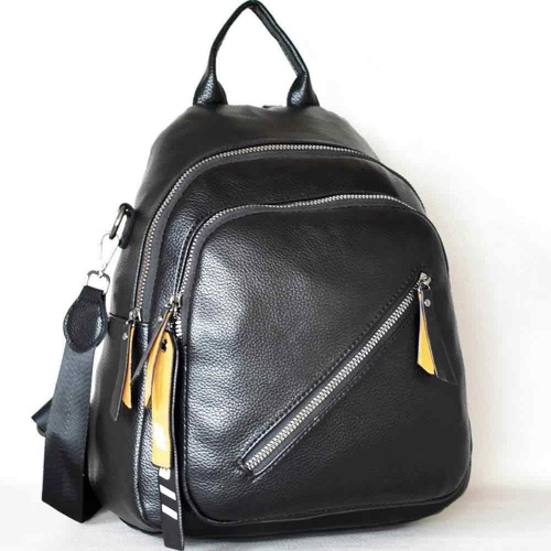 Дамска раница-чанта 2в1 от висококачествена еко кожа с много джобчета, с ефектна висулка, черна