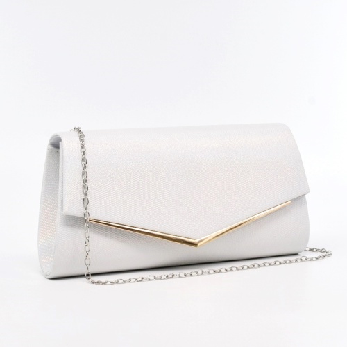 Клъч официална дамска чанта ефектен капак с метална лайсна лек релеф сребро/перла