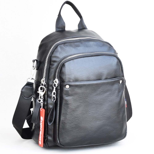 Дамска раница-чанта от висококачествена еко кожа, с голям преден джоб, черна