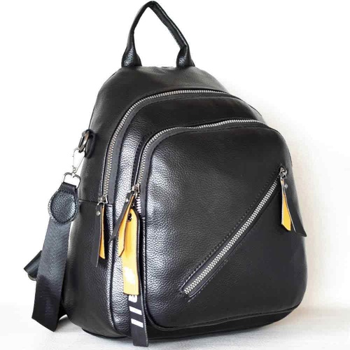 Дамска раница-чанта 2в1 от висококачествена еко кожа с много джобчета, с ефектна висулка, черна
