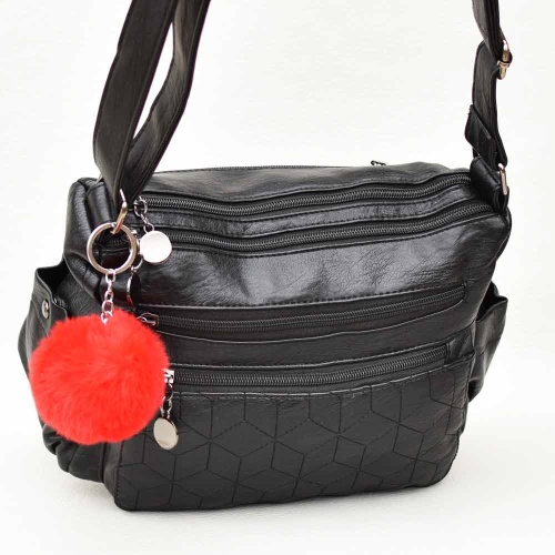Дамска чанта за през рамо от висококачествена еко кожа, с две отделения и много джобчета, черна + ПОДАРЪК висулка