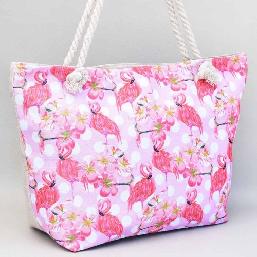 Плажна чанта голяма с портмоне, дръжки от въже, затваряне с цип, с красиви цветя и фламинга