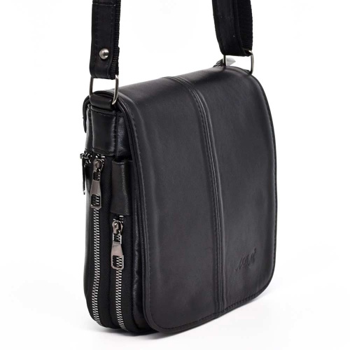 Мъжка чанта от естествена кожа с капак и два разширителни ципа, височина 20 см, черна