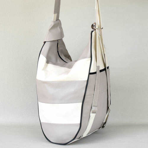 Дамска раница-чанта от естествена кожа 2 в 1, с външни джобчета, бяло и сиво