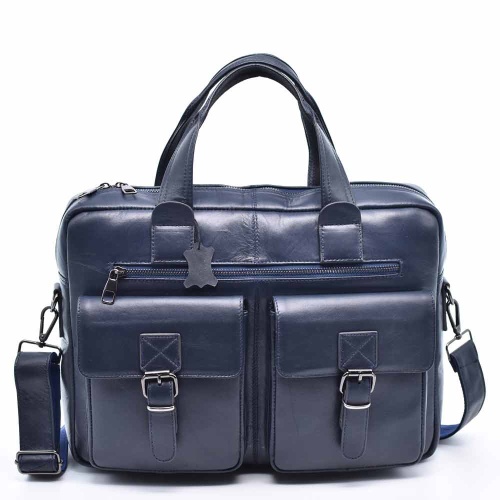 Бизнес чанта от естествена телешка кожа, с отделение за лаптоп 14", синя