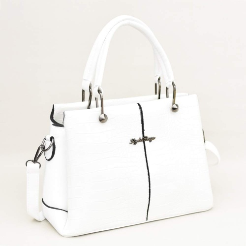 Дамска чанта от еко кожа с кроко ефект, с три отделния, бяла