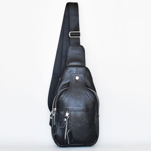 Мъжка раница  чанта черна от естествена кожа телешки бокс за през гърди, рамо или гръб