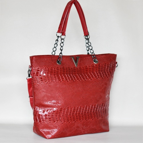 Евтина дамска чанта тип торба червена с анаконда ефект с дълга дръжка лачена