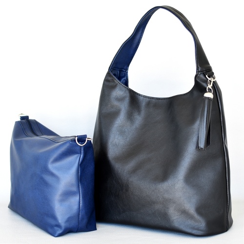 Българска дамска чанта тип торба 2 в 1 двулицева голяма с органайзер черна и синя