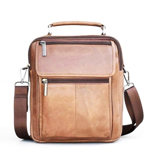 Мъжка чанта от естествена кожа  с много отделения, светло кафява, височина 24 см