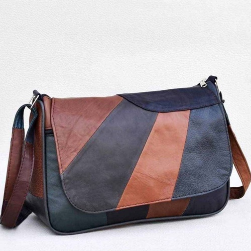 Дамска чанта от естествена кожа с дълга дръжка за през рамо, тъмни пастелни цветове