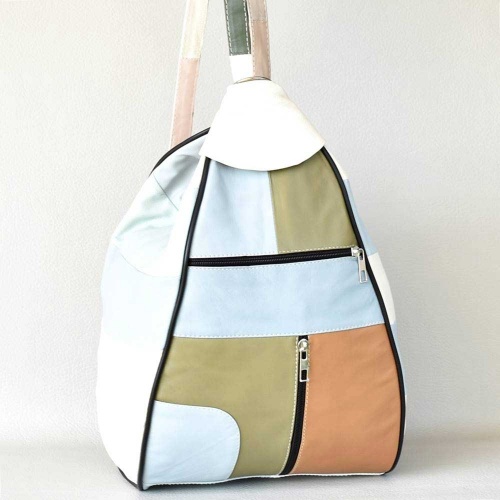 Дамска раница-чанта от естествена кожа с външни джобчета, летни пастелни цветове