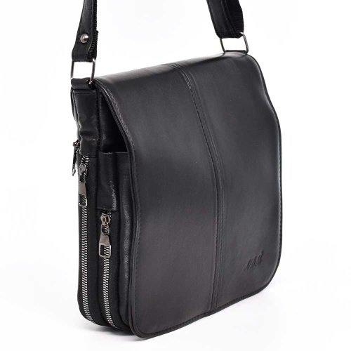 Мъжка чанта от естествена кожа с капак и два разширителни ципа, височина 24 см, черна
