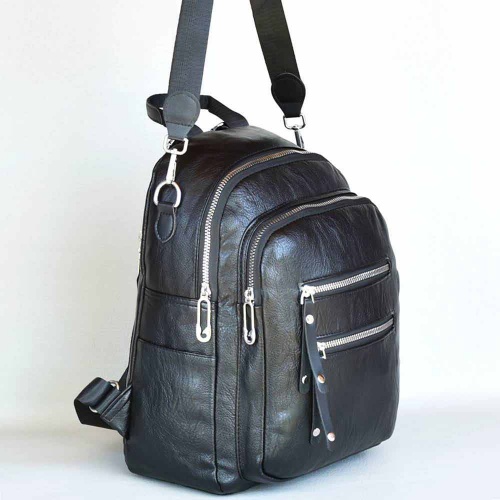 Дамска раница-чанта 2в1 от еко кожа с много джобчета, черна