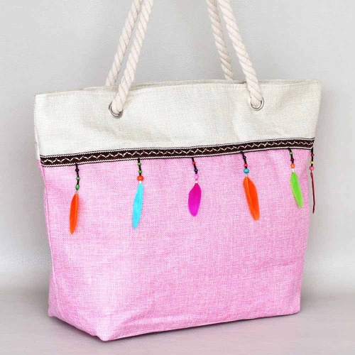 Плажна чанта голяма, ленена, с цип, с красиви мъниста и цветни пера, розова