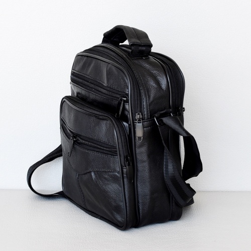 Мъжка чанта от естествена кожа всекидневна с много джобове с дълга дръжка черна