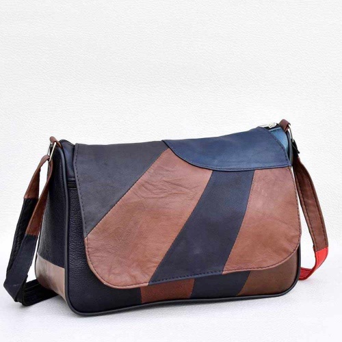 Дамска чанта от естествена кожа с дълга дръжка за през рамо, тъмни пастелни цветове