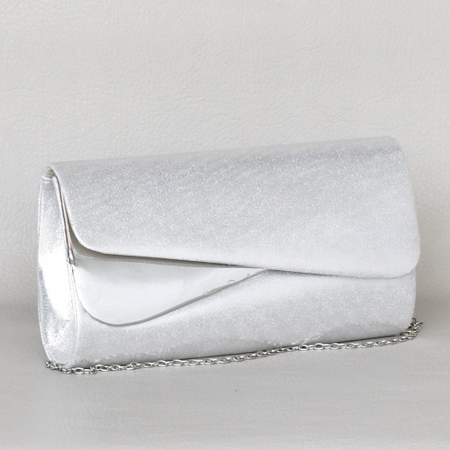 Дамска чанта клъч тип плик с капак официална с блестящ ефект сребро