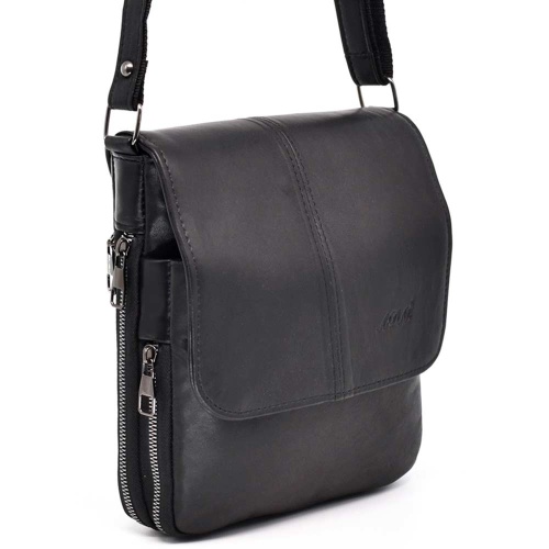 Мъжка чанта от естествена кожа с капак и два разширителни ципа, височина 22 см, черна