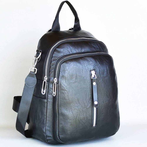 Дамска раница-чанта 2в1 от еко кожа с много джобчета, черна