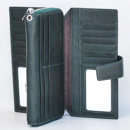 Дамско портмоне от естествена кожа с цип и много отделения за карти, тъмно зелено