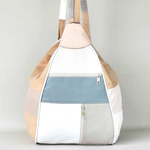 Дамска раница-чанта от естествена кожа 2 в 1, с външни джобчета, светли пастелни цветове