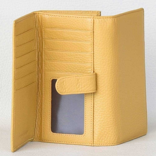 Дамско портмоне от естествена кожа с допълнително отделение за карти, елегантен модел, горчица